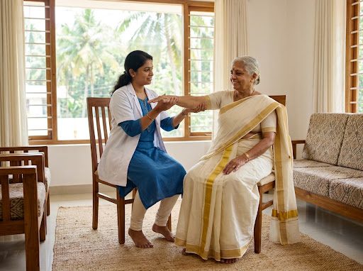 Caregiver assisting an elderly woman at home